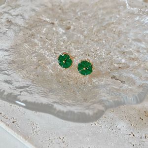18K Gold Plated Small Green Onxy Earrings Studs